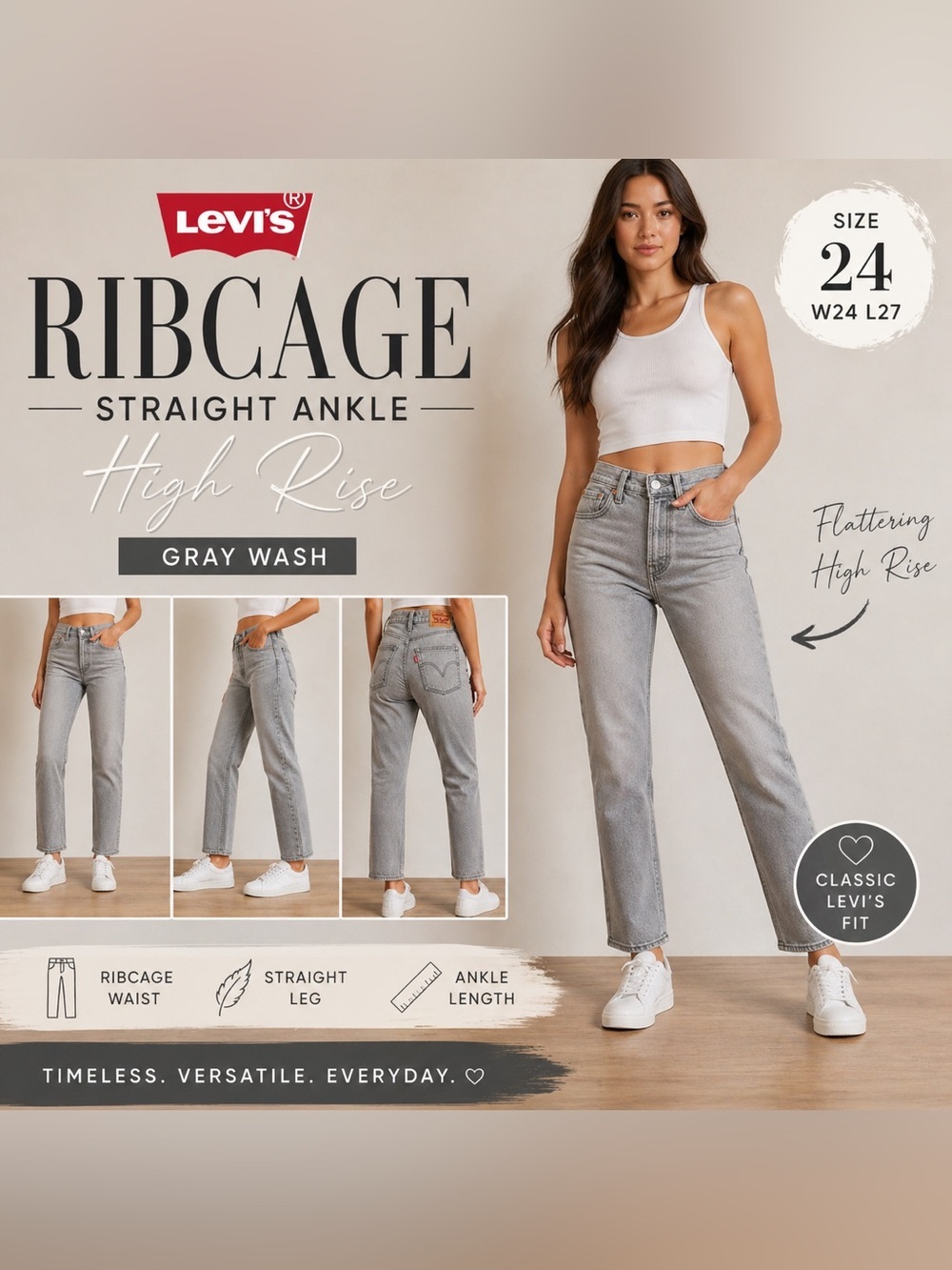 Levi’s Ribcage Straight Ankle Jeans Gray Wash High Rise Women’s 24x27